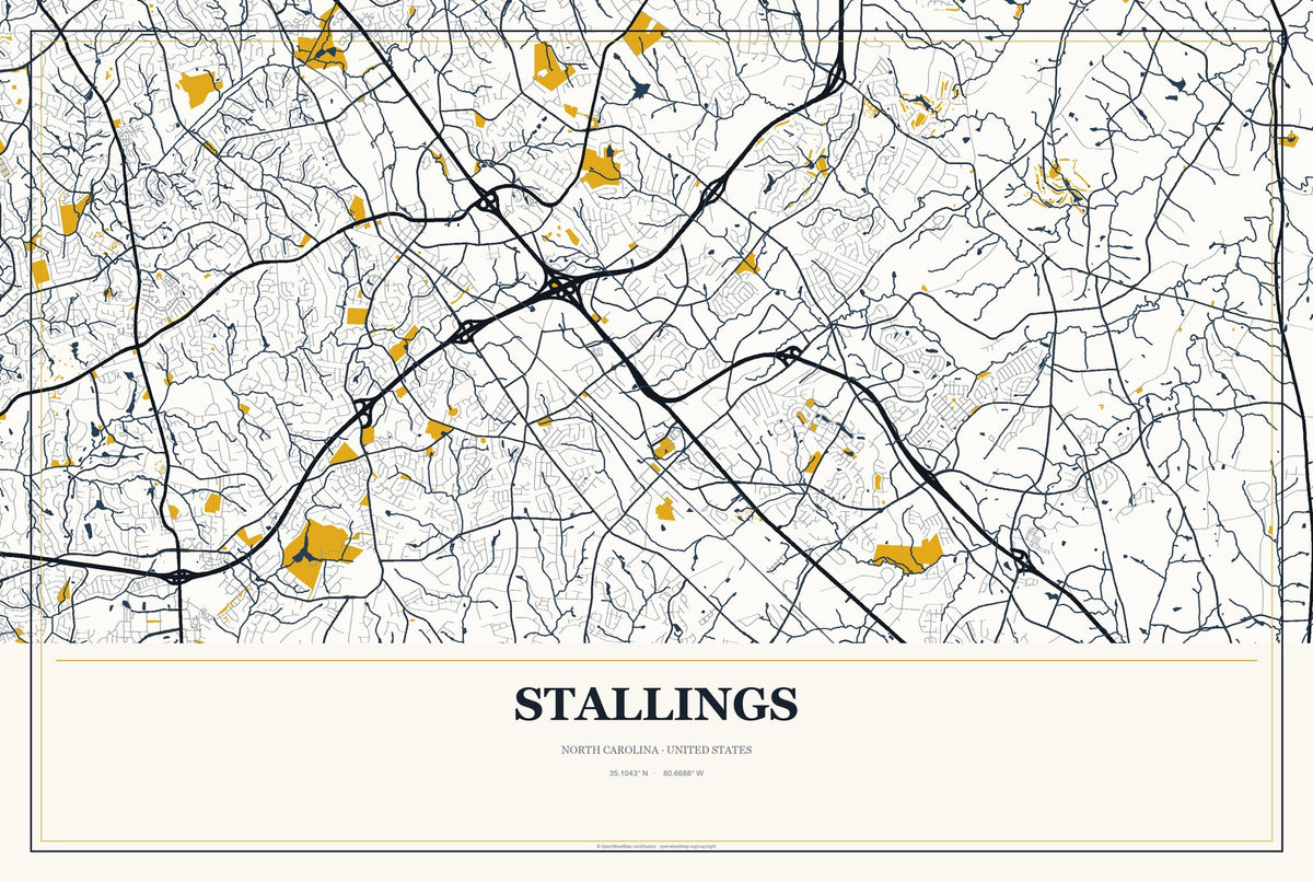 Stallings, North Carolina City Map Aluminum Sign in Citrine Modern style