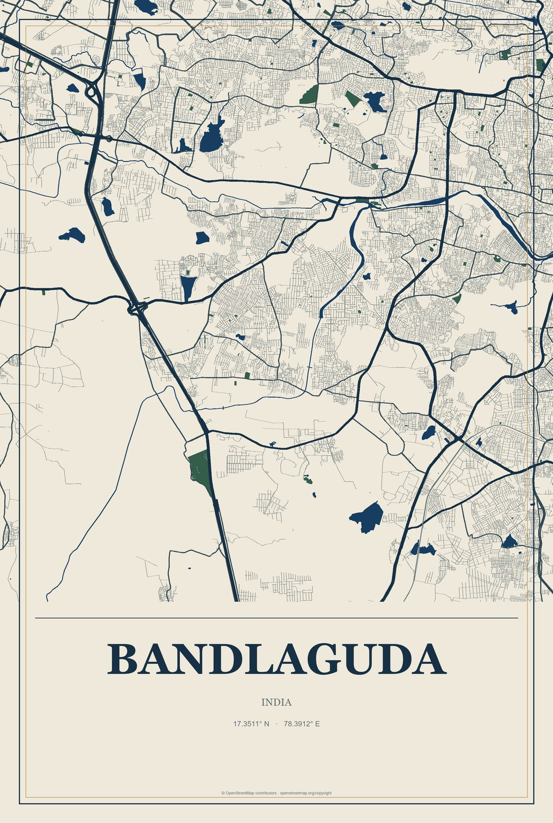Bandlaguda, India City Map Aluminum Sign in Coastal Cutout style