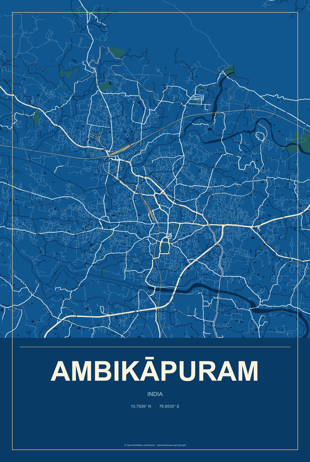 Ambikāpuram, India City Map Aluminum Sign in Harbor Cobalt style