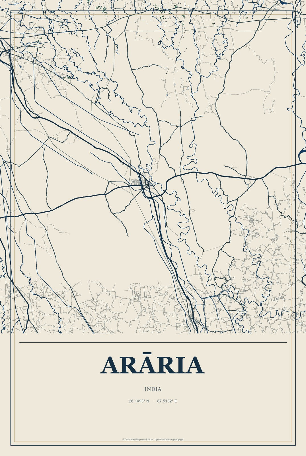 Arāria, India City Map Aluminum Sign in Coastal Cutout style