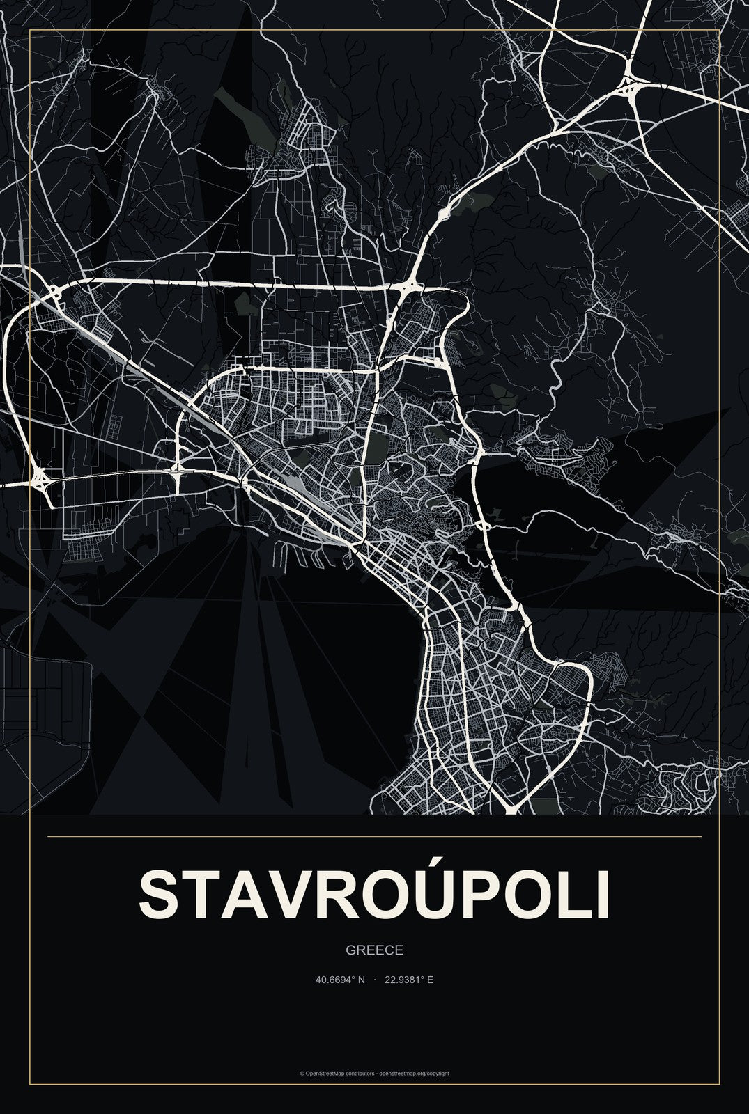 Stavroúpoli, Greece City Map Aluminum Sign in Metropolitan Noir style