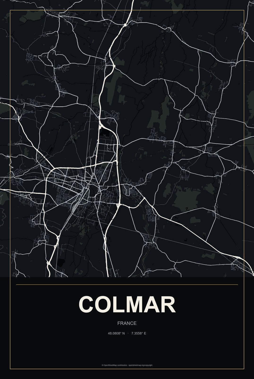 Colmar, France City Map Aluminum Sign in Metropolitan Noir style