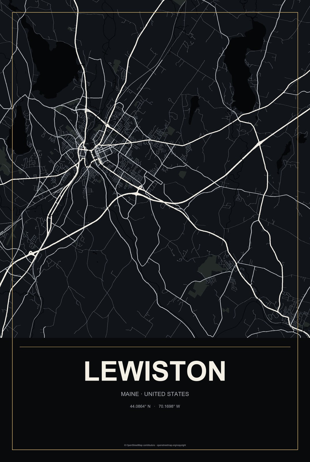Lewiston, Maine City Map Aluminum Sign in Metropolitan Noir style