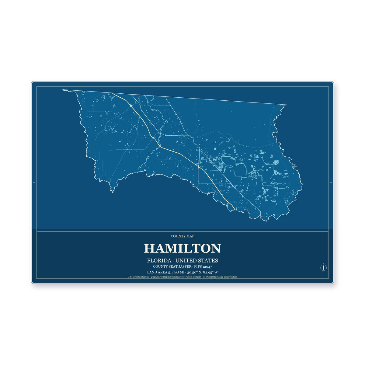 Hamilton County, Florida Map Aluminum Sign in Harbor Cobalt style