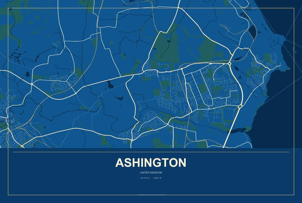 Ashington, United Kingdom City Map Aluminum Sign in Harbor Cobalt style