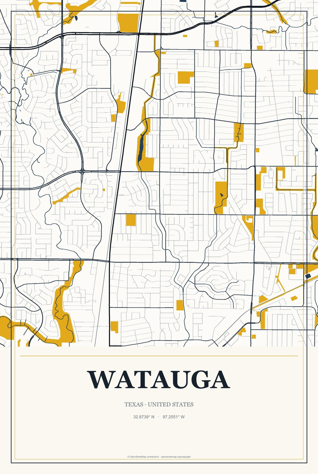 Watauga, Texas City Map Aluminum Sign in Citrine Modern style