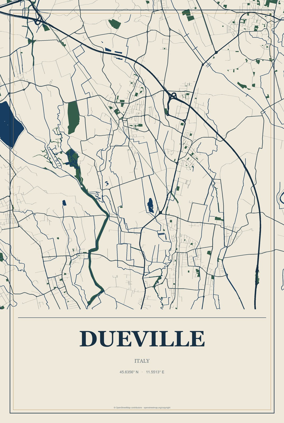 Dueville, Italy City Map Aluminum Sign in Coastal Cutout style