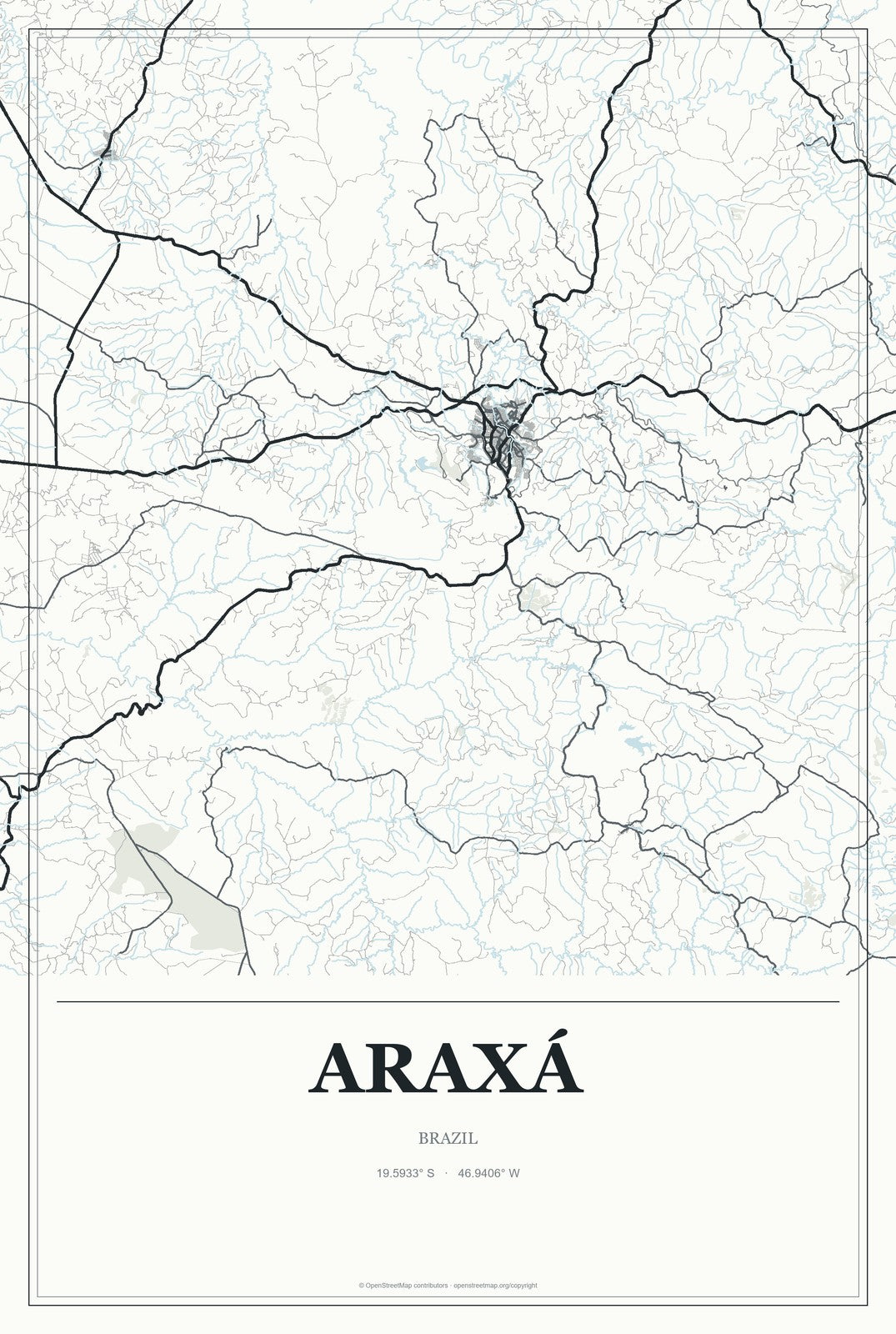 Araxá, Brazil City Map Aluminum Sign in Gallery Air style