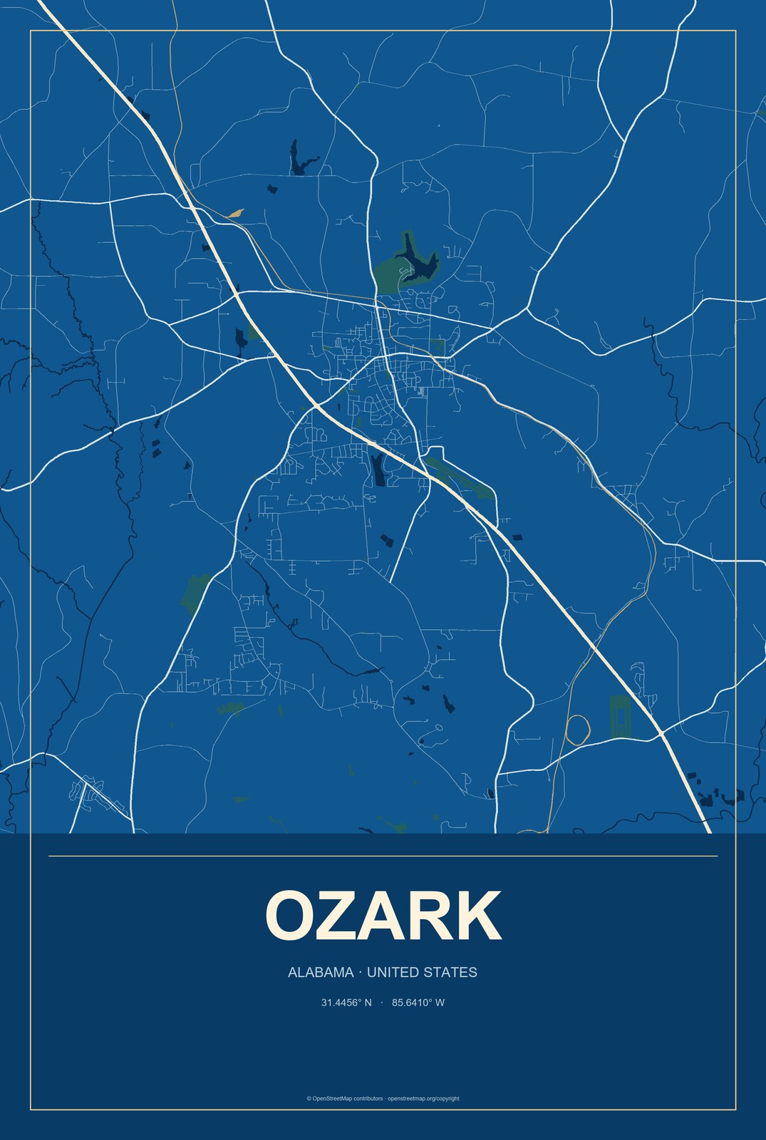 Ozark, Alabama City Map Aluminum Sign in Harbor Cobalt style