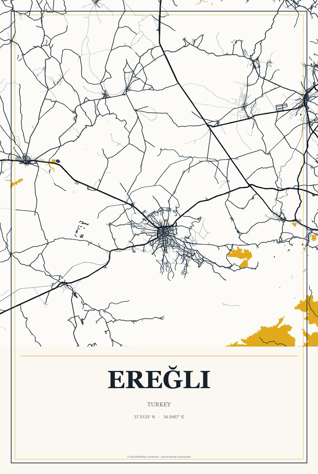 Ereğli, Konya, Turkey City Map Aluminum Sign in Citrine Modern style