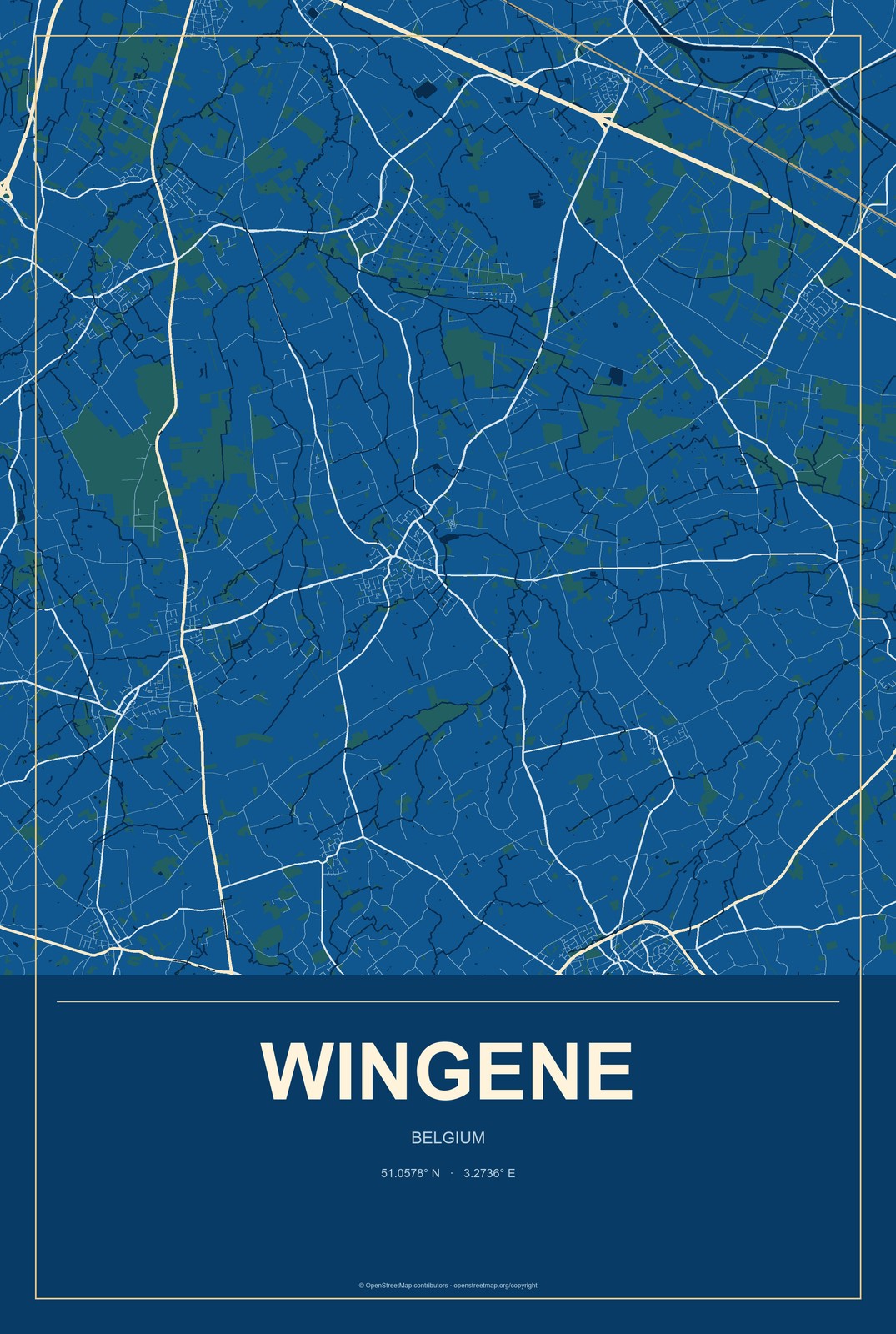 Wingene, Belgium City Map Aluminum Sign in Harbor Cobalt style