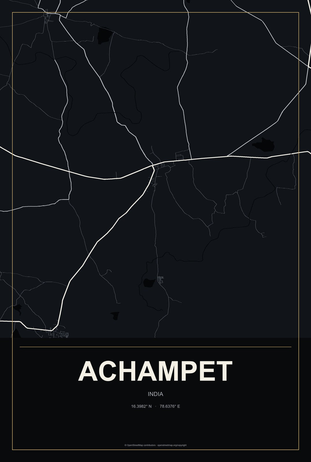 Achampet, India City Map Aluminum Sign in Metropolitan Noir style