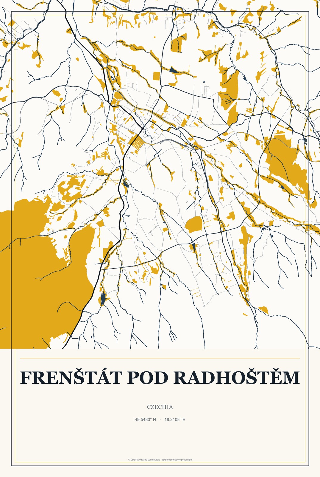 Frenštát pod Radhoštěm, Czechia City Map Aluminum Sign in Citrine Modern style