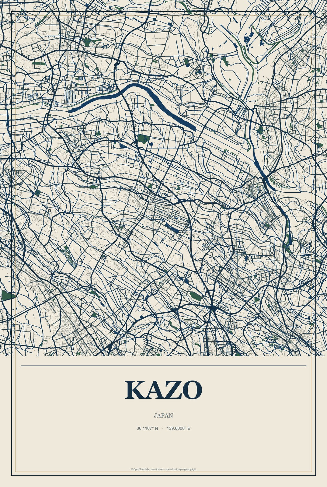 Kazo, Japan City Map Aluminum Sign in Coastal Cutout style