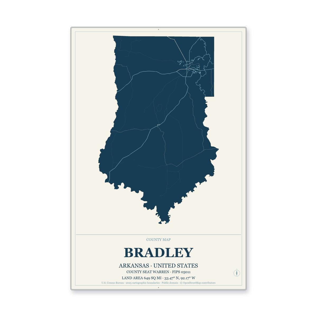 Bradley County, Arkansas Map Aluminum Sign in Coastal Cutout style