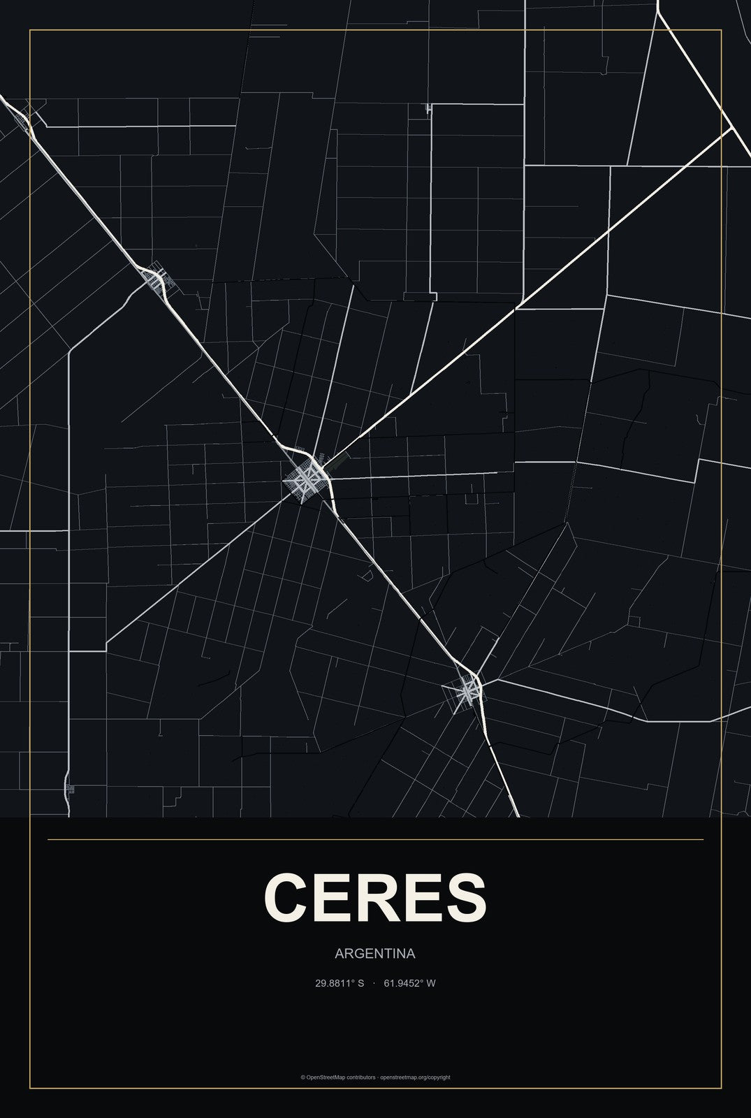 Ceres, Argentina City Map Aluminum Sign in Metropolitan Noir style