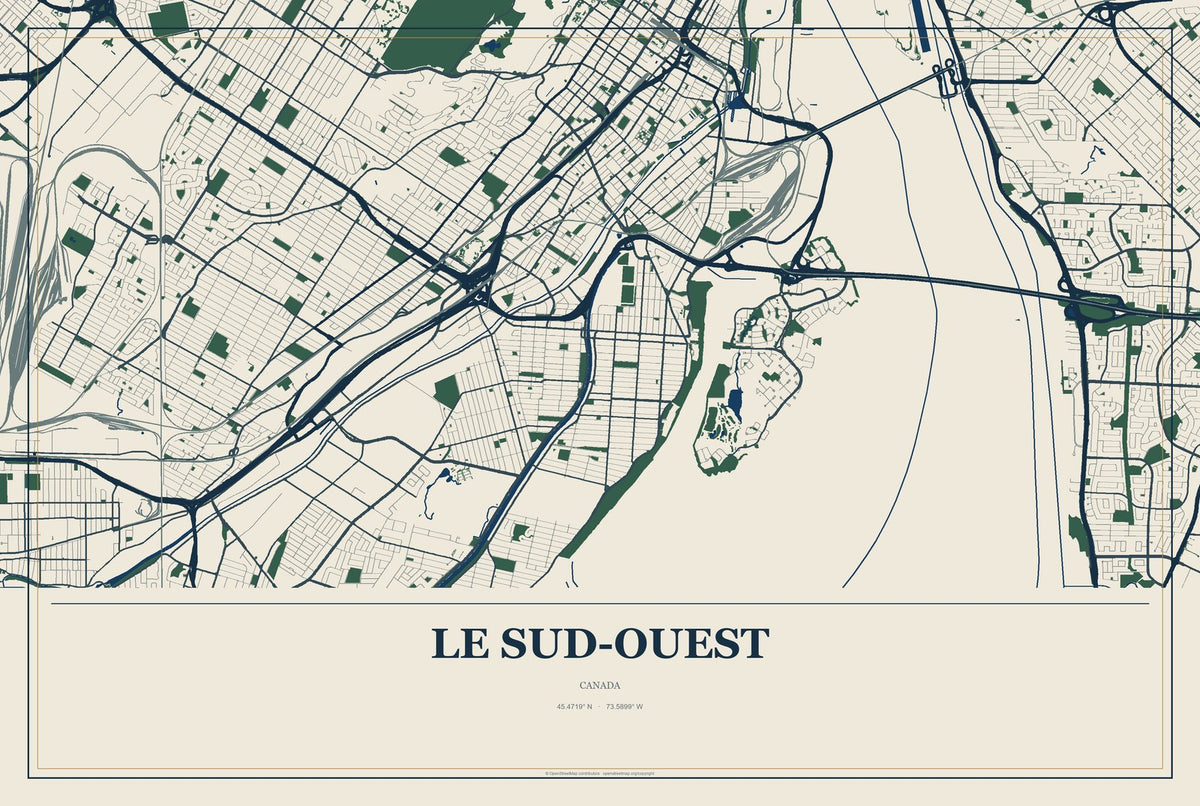 Le Sud-Ouest, Canada City Map Aluminum Sign in Coastal Cutout style