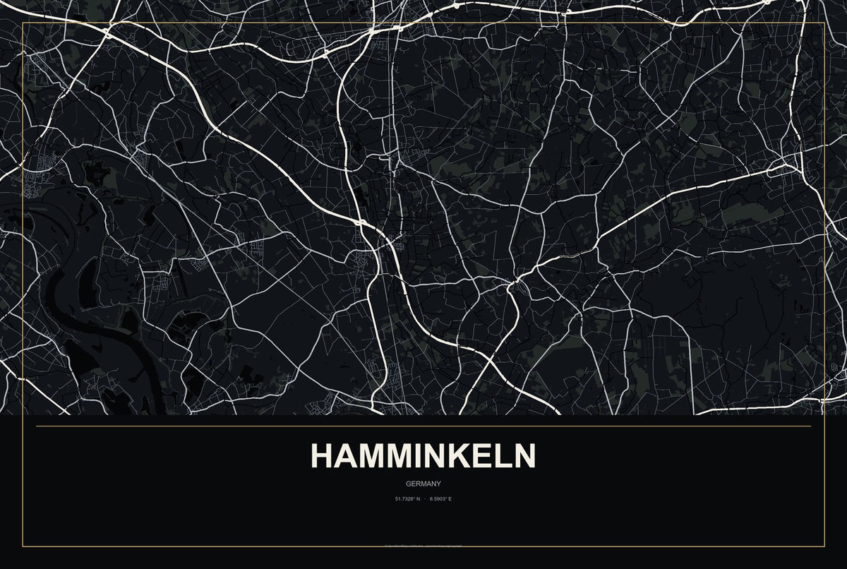 Hamminkeln, Germany City Map Aluminum Sign in Metropolitan Noir style