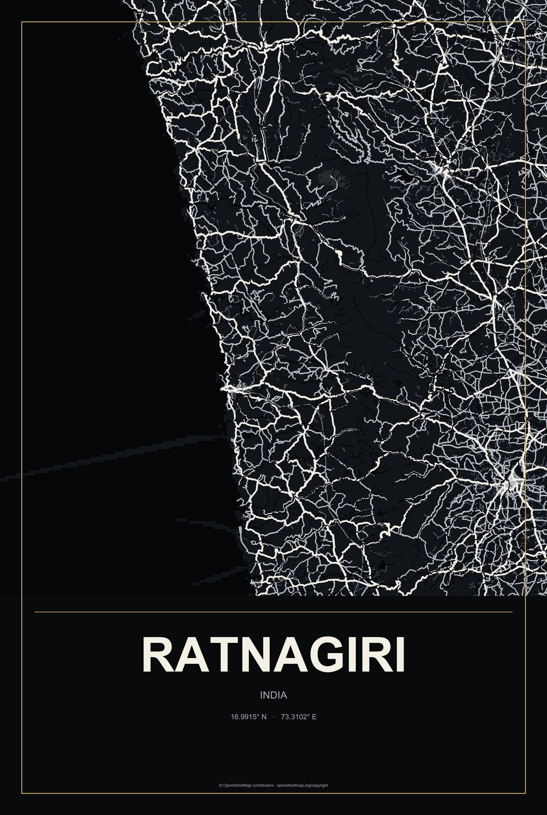 Ratnagiri, India City Map Aluminum Sign in Metropolitan Noir style