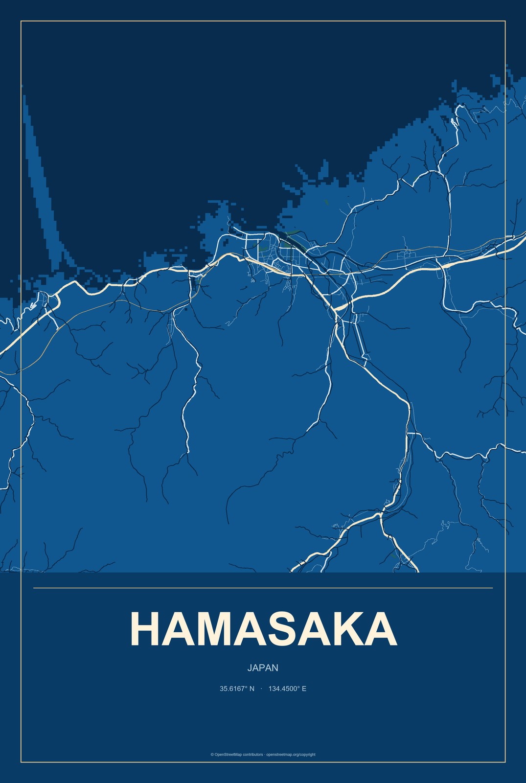 Hamasaka, Japan City Map Aluminum Sign in Harbor Cobalt style