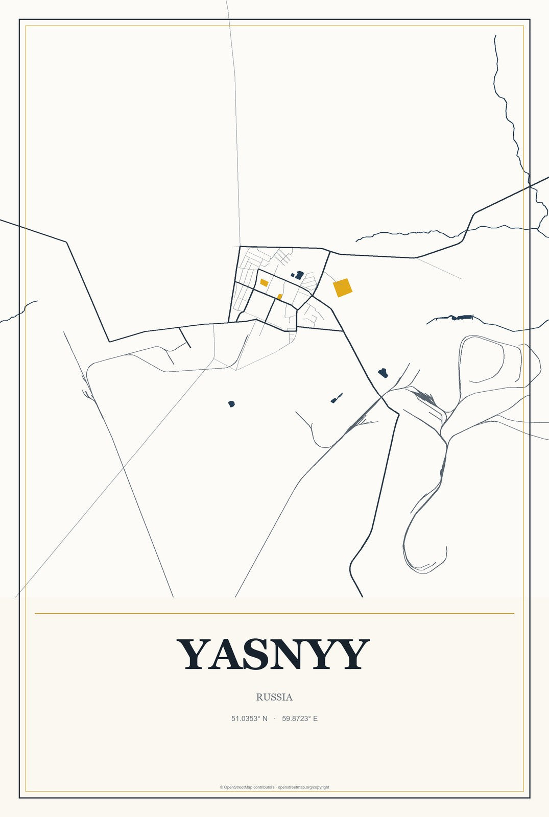 Yasnyy, Russia City Map Aluminum Sign in Citrine Modern style