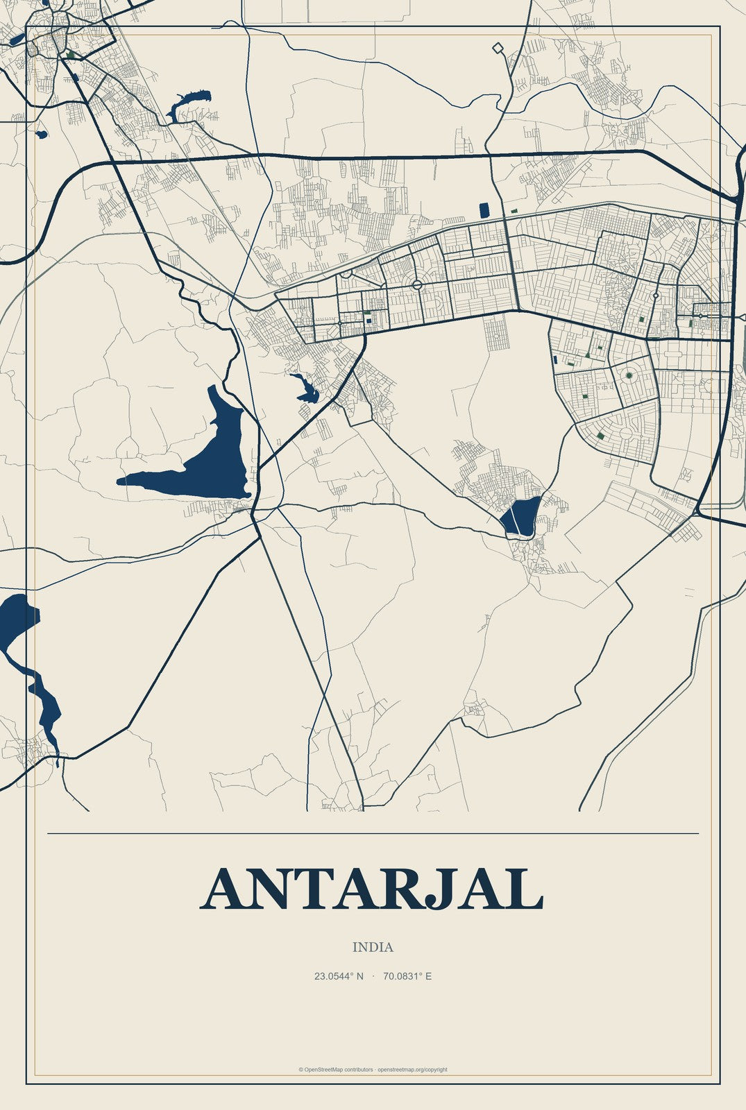 Antarjal, India City Map Aluminum Sign in Coastal Cutout style