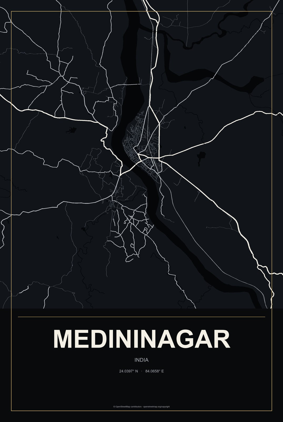 Medininagar, India City Map Aluminum Sign in Metropolitan Noir style