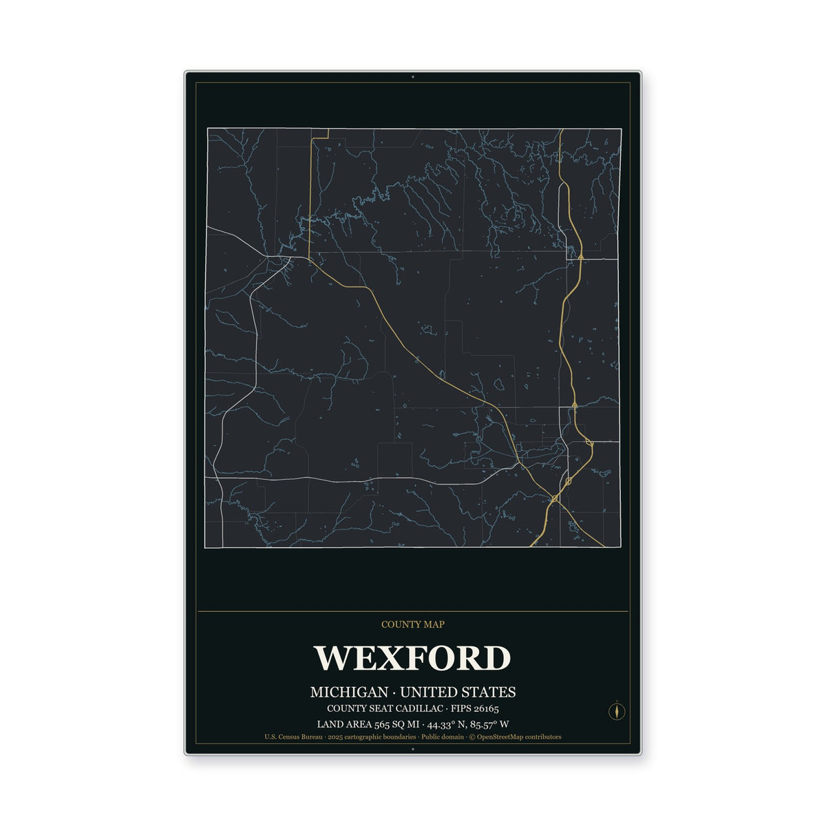 Wexford County, Michigan Map Aluminum Sign in Metropolitan Noir style