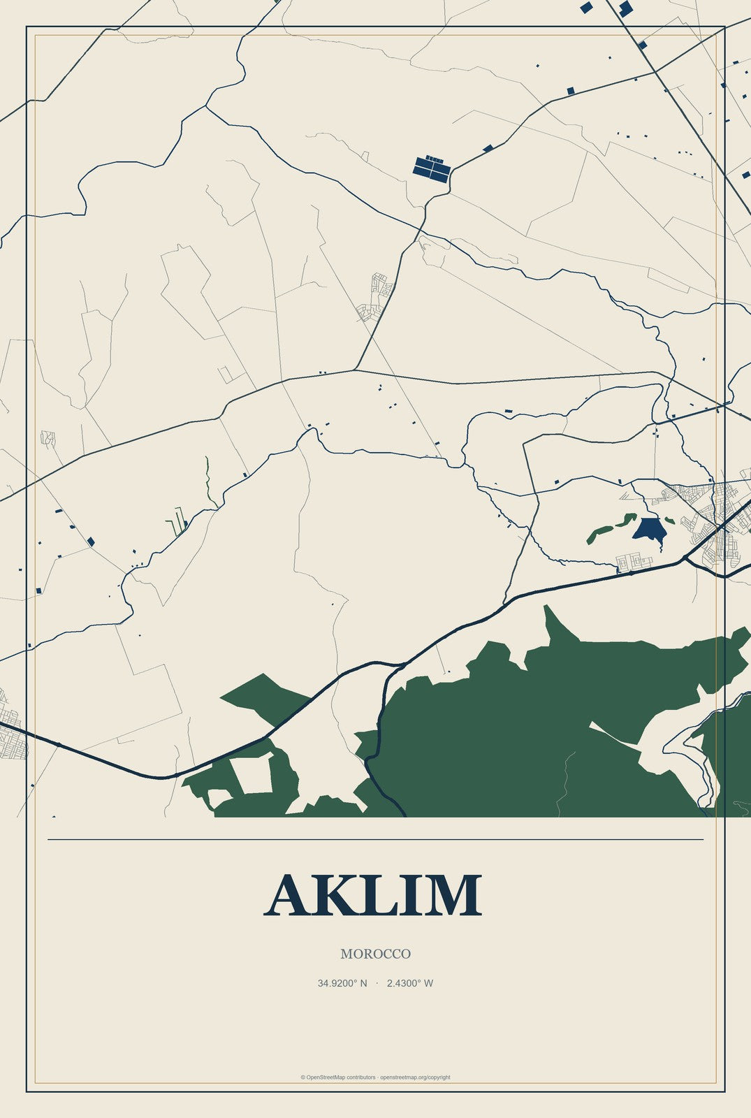 Aklim, Morocco City Map Aluminum Sign in Coastal Cutout style