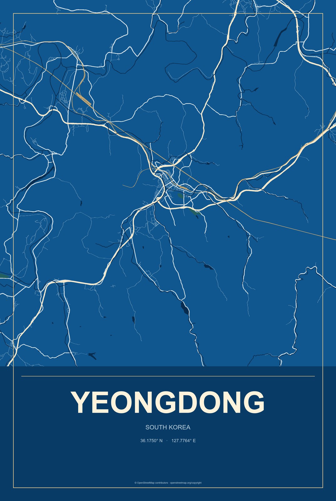 Yeongdong, South Korea City Map Aluminum Sign in Harbor Cobalt style