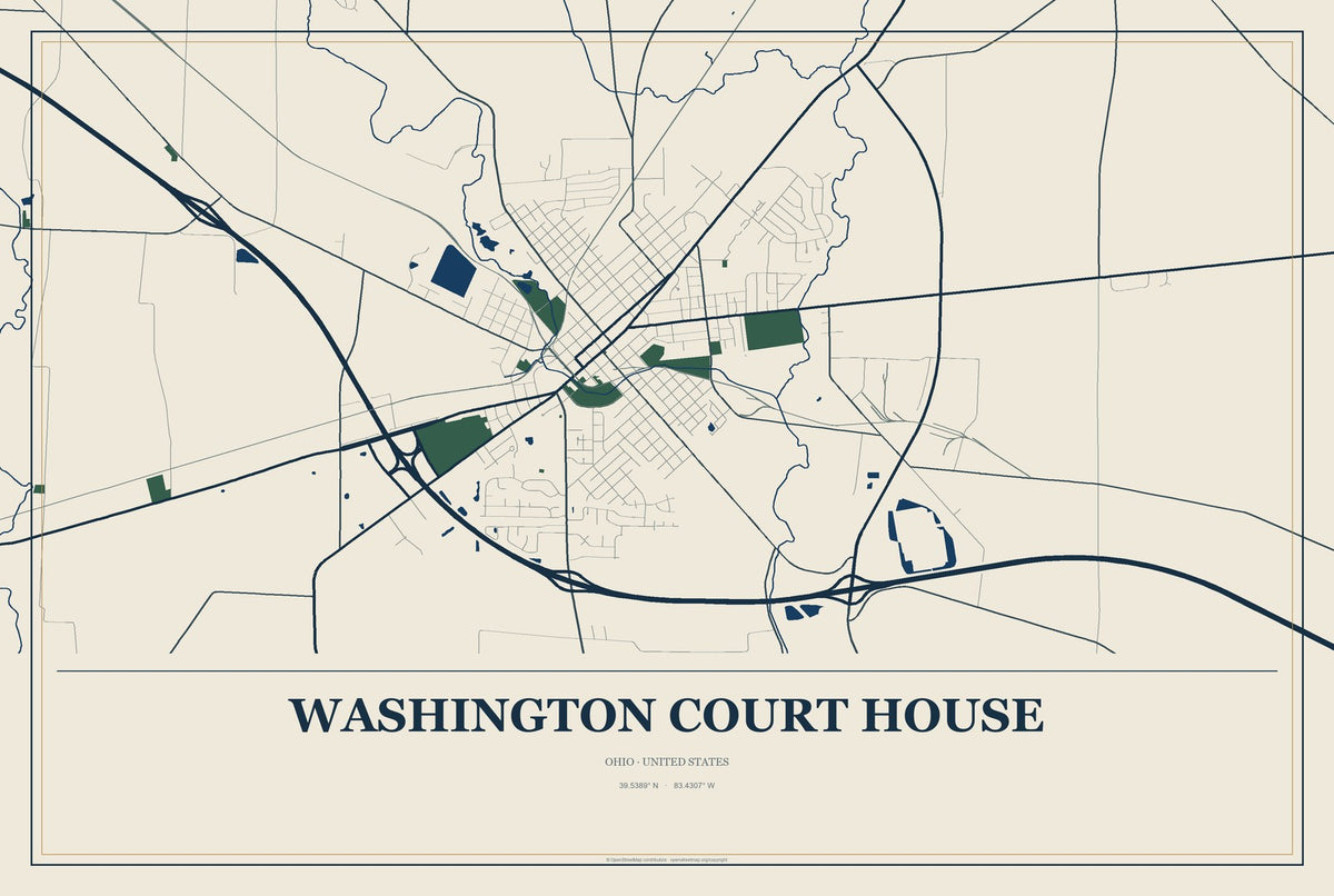 Washington Court House, Ohio City Map Aluminum Sign in Coastal Cutout style