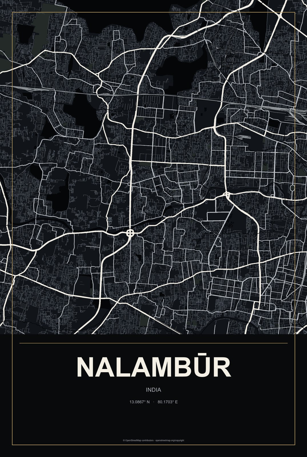 Nalambūr, India City Map Aluminum Sign in Metropolitan Noir style