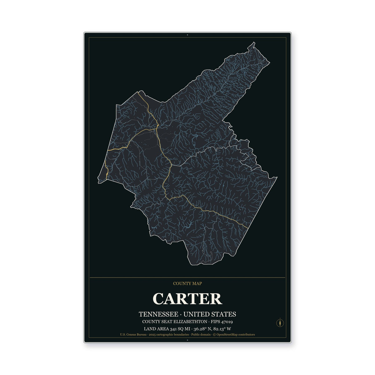 Carter County, Tennessee Map Aluminum Sign in Metropolitan Noir style