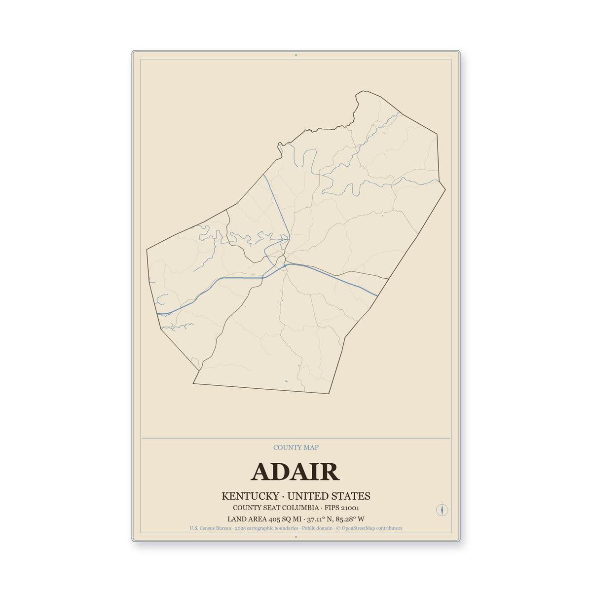 Adair County, Kentucky Map Aluminum Sign in Heritage Nautical style