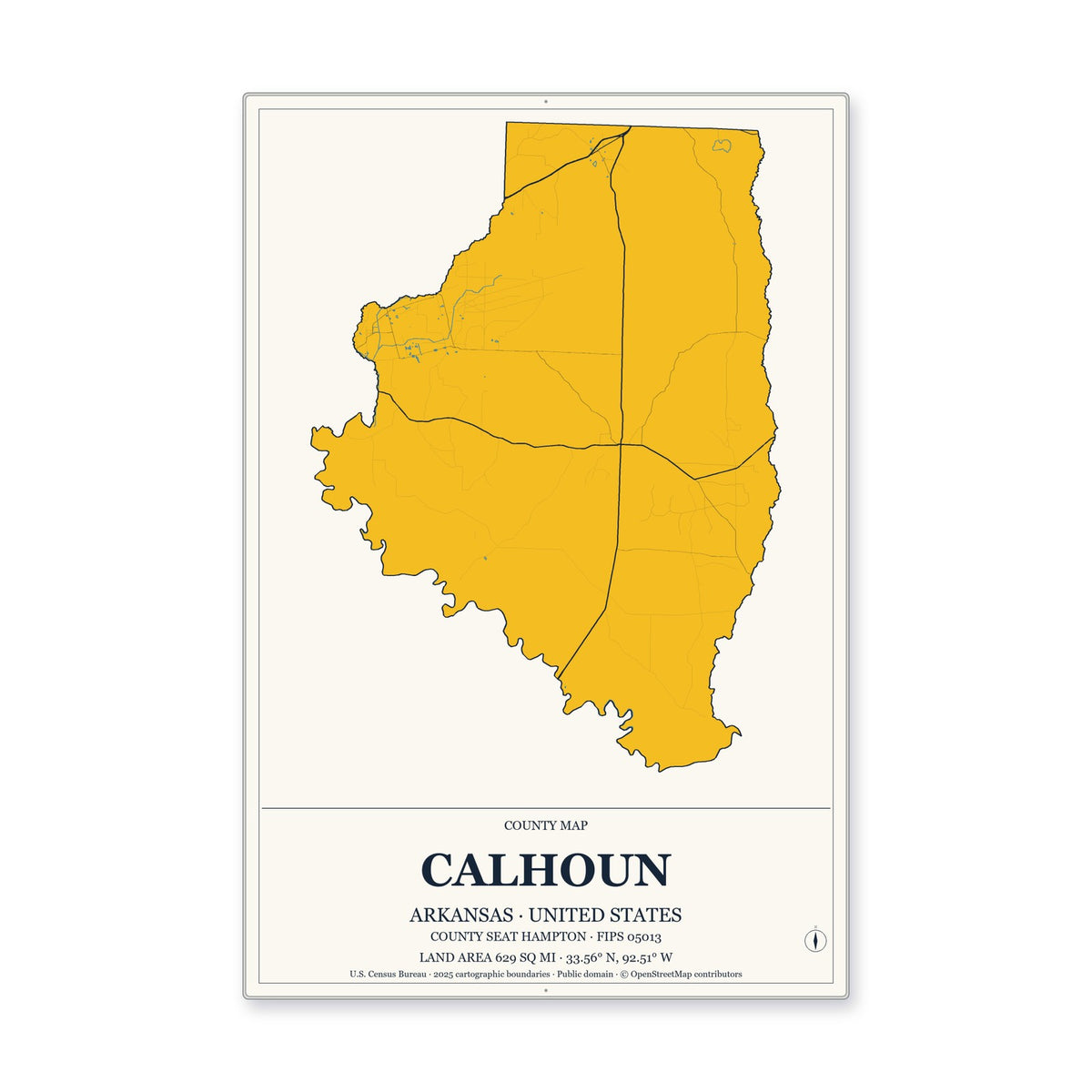 Calhoun County, Arkansas Map Aluminum Sign in Citrine Modern style