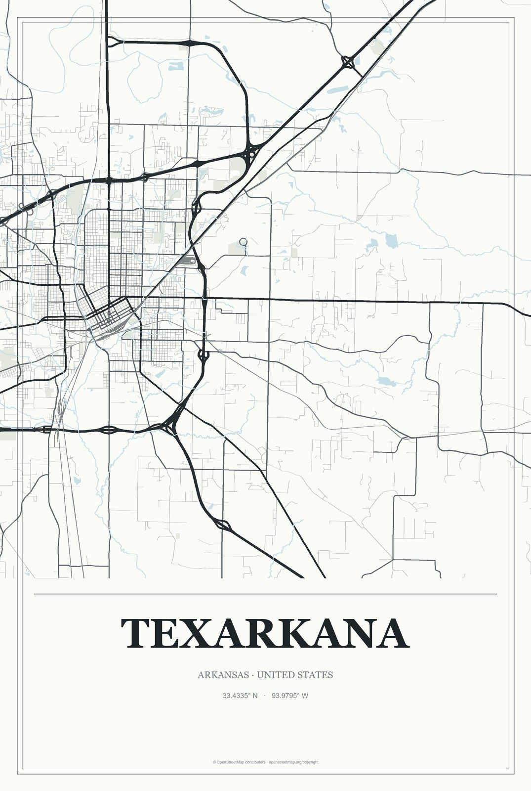 Texarkana, Arkansas City Map Aluminum Sign in Gallery Air style