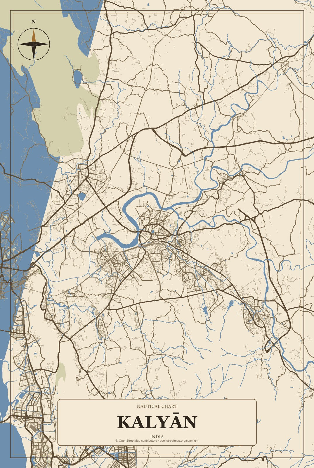 Kalyān, India City Map Aluminum Sign in Heritage Nautical style