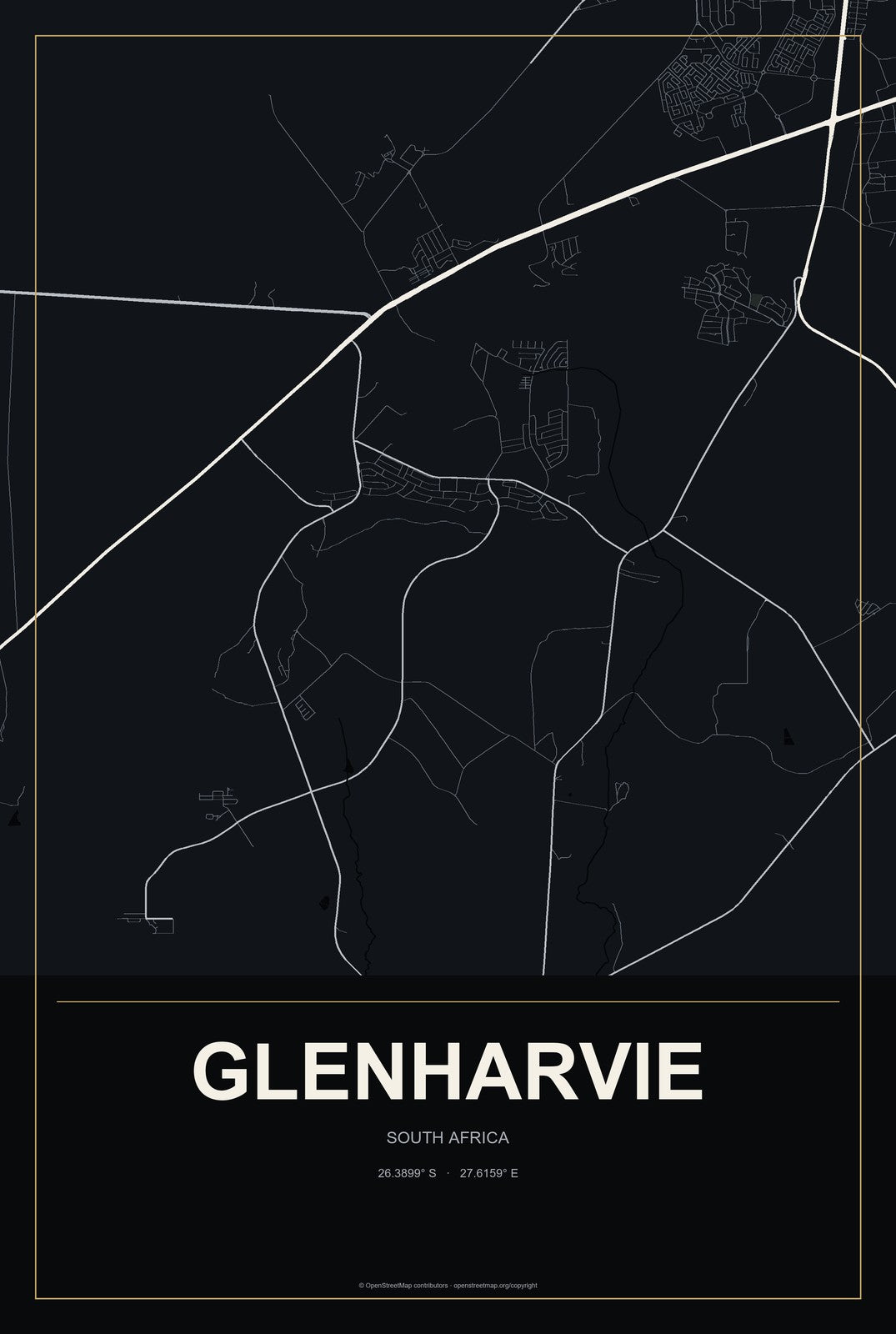 Glenharvie, South Africa City Map Aluminum Sign in Metropolitan Noir style