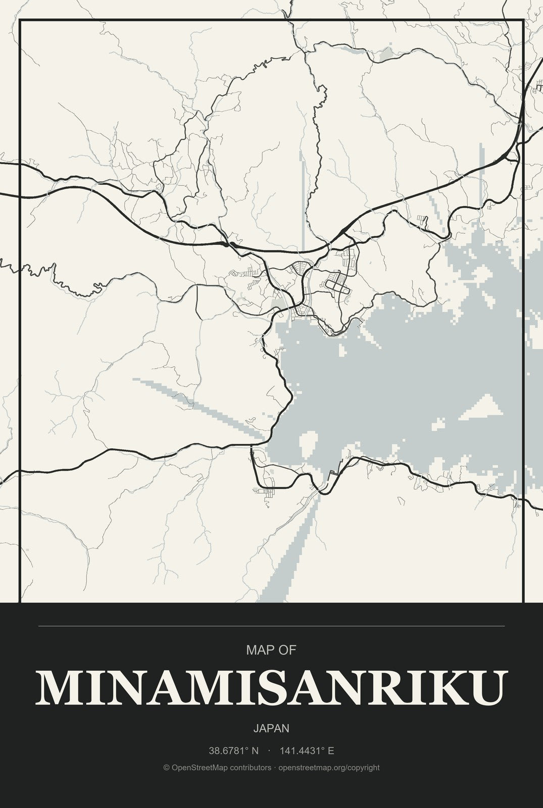 Minamisanriku, Japan City Map Aluminum Sign in Museum Plaque style