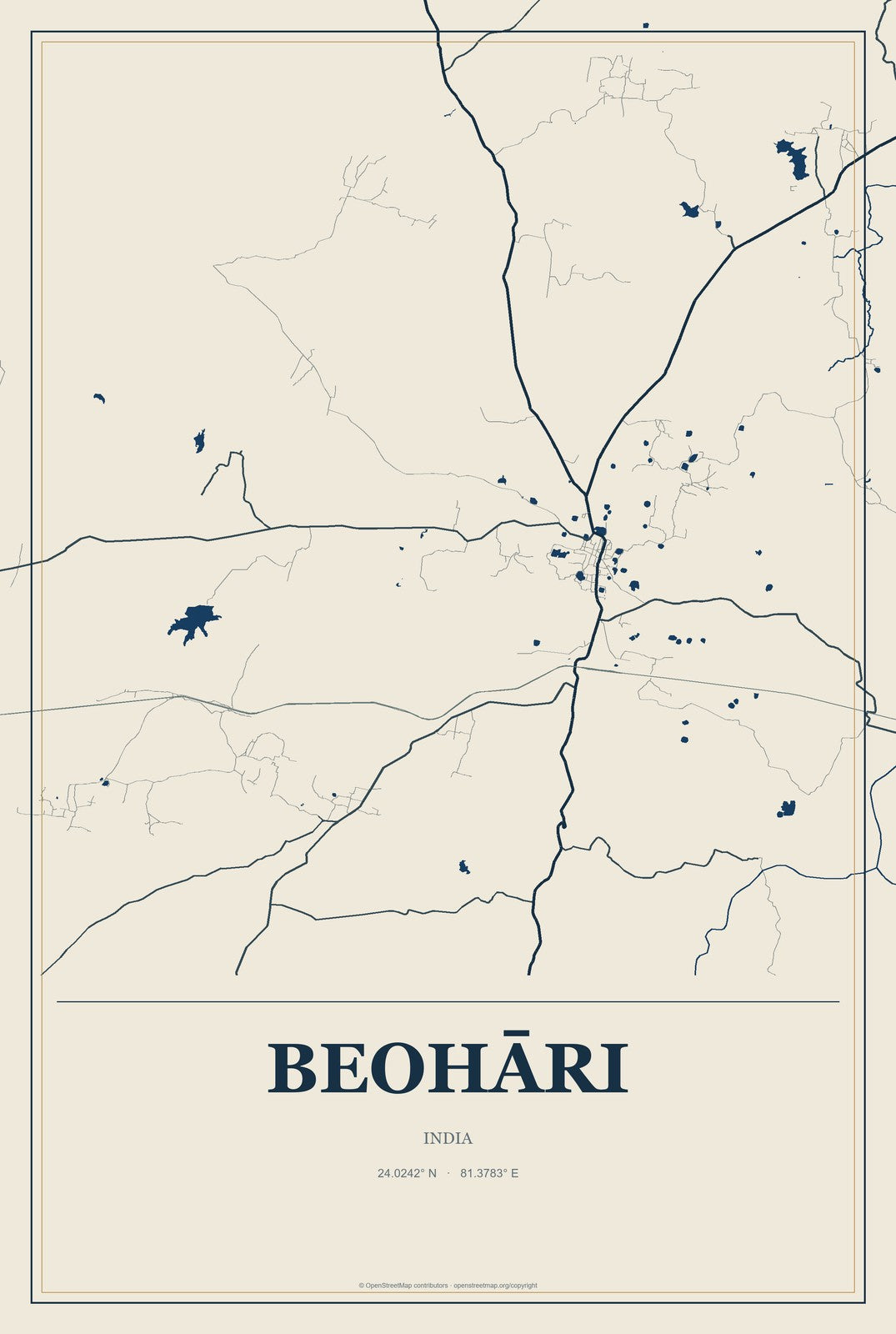 Beohāri, India City Map Aluminum Sign in Coastal Cutout style