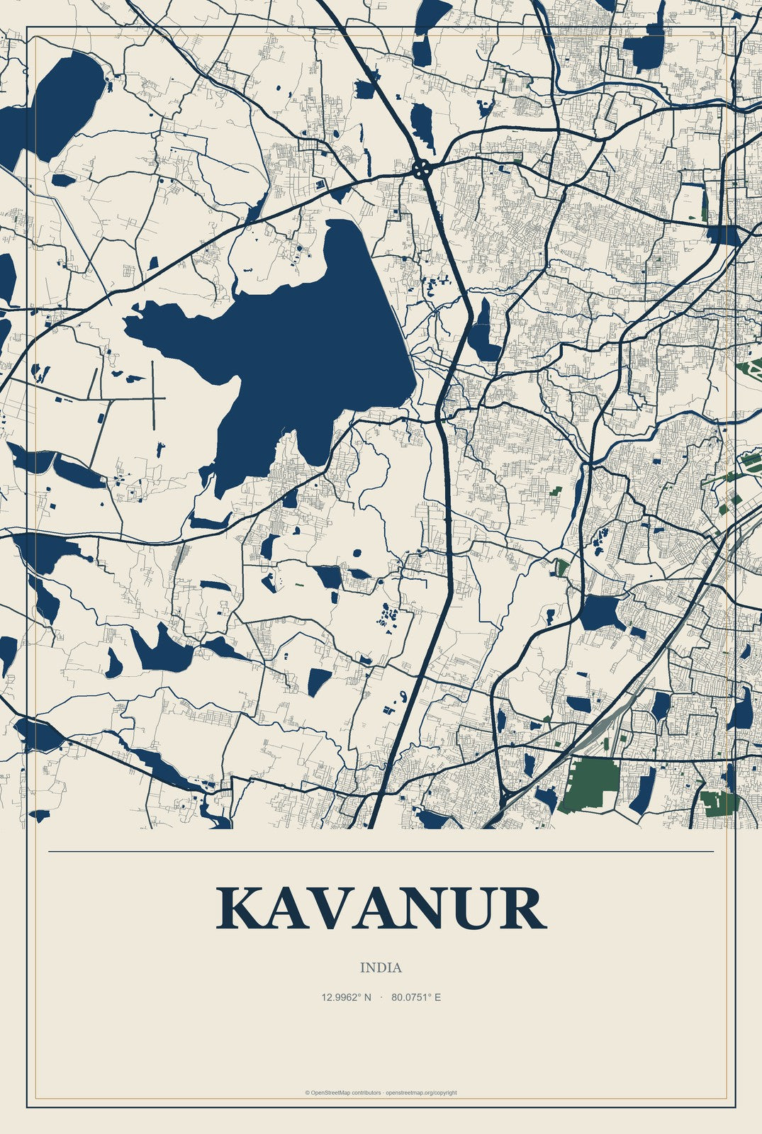 Kavanur, India City Map Aluminum Sign in Coastal Cutout style