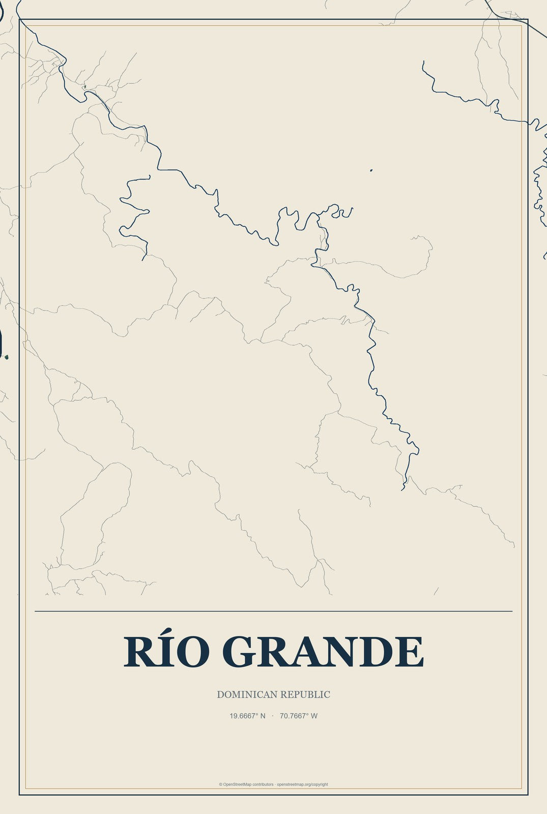 Río Grande, Dominican Republic City Map Aluminum Sign in Coastal Cutout style