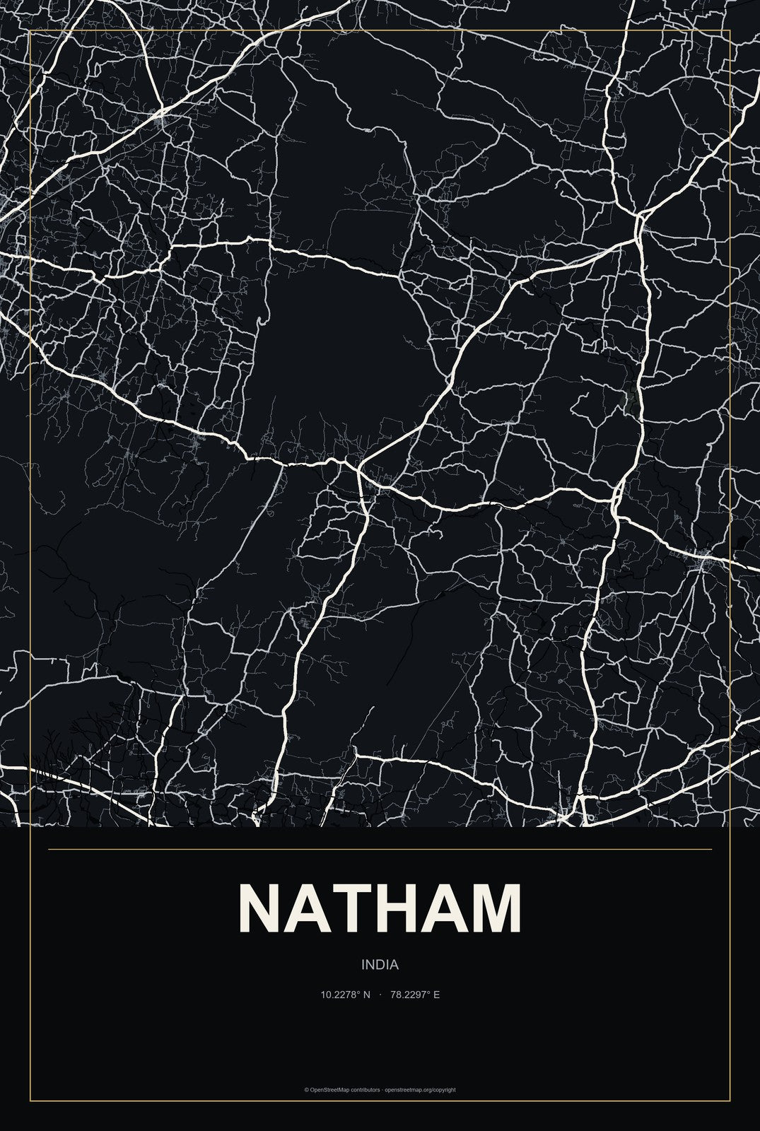 Natham, India City Map Aluminum Sign in Metropolitan Noir style