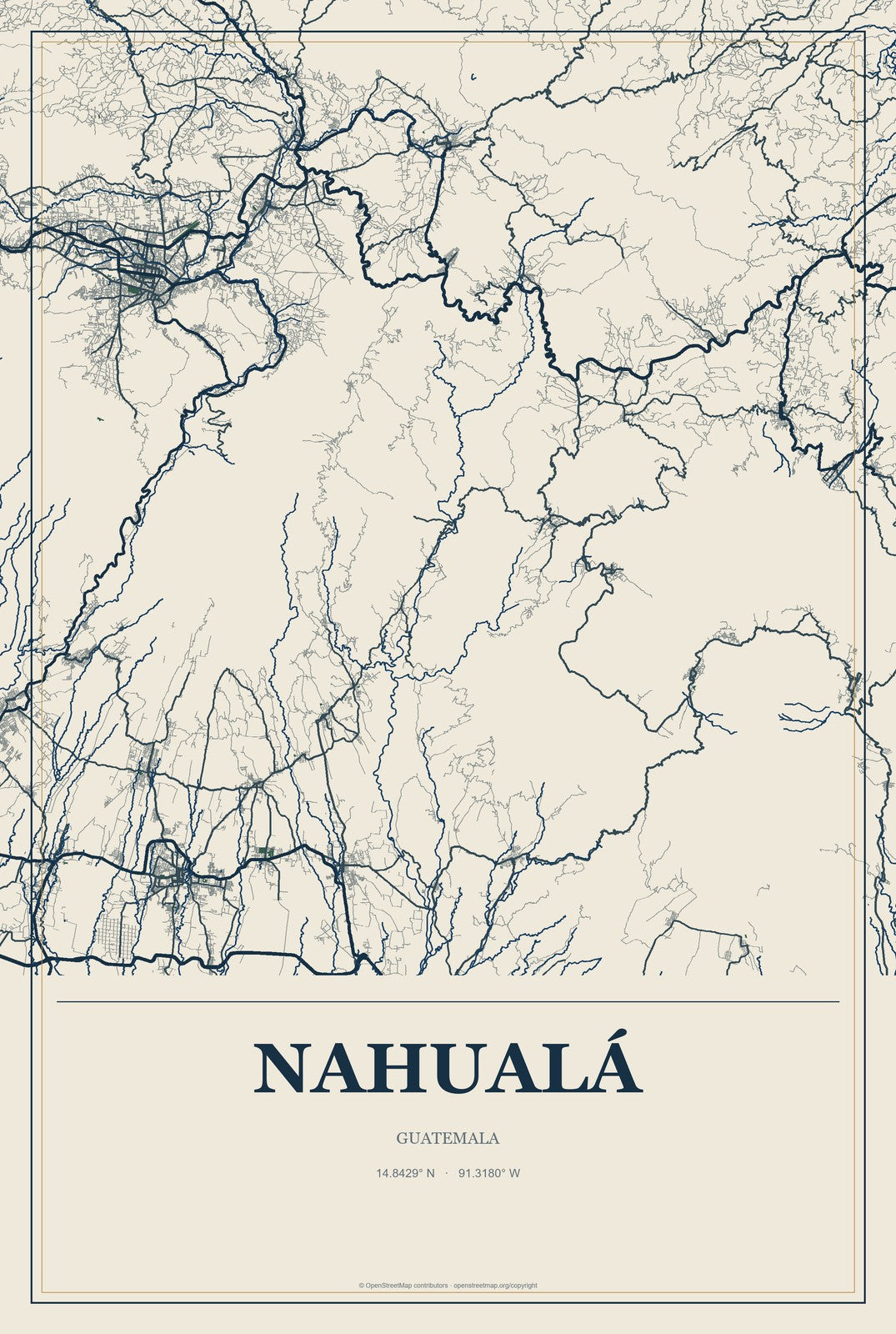 Nahualá, Guatemala City Map Aluminum Sign in Coastal Cutout style