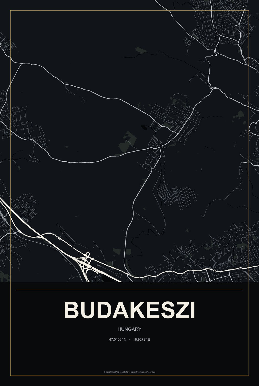 Budakeszi, Hungary City Map Aluminum Sign in Metropolitan Noir style