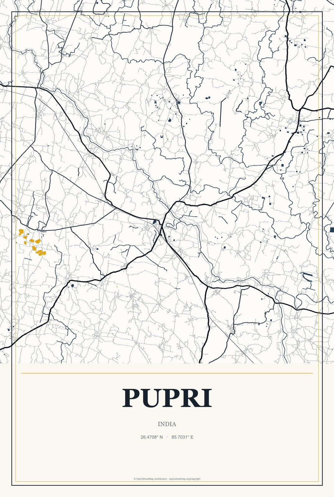 Pupri, India City Map Aluminum Sign in Citrine Modern style