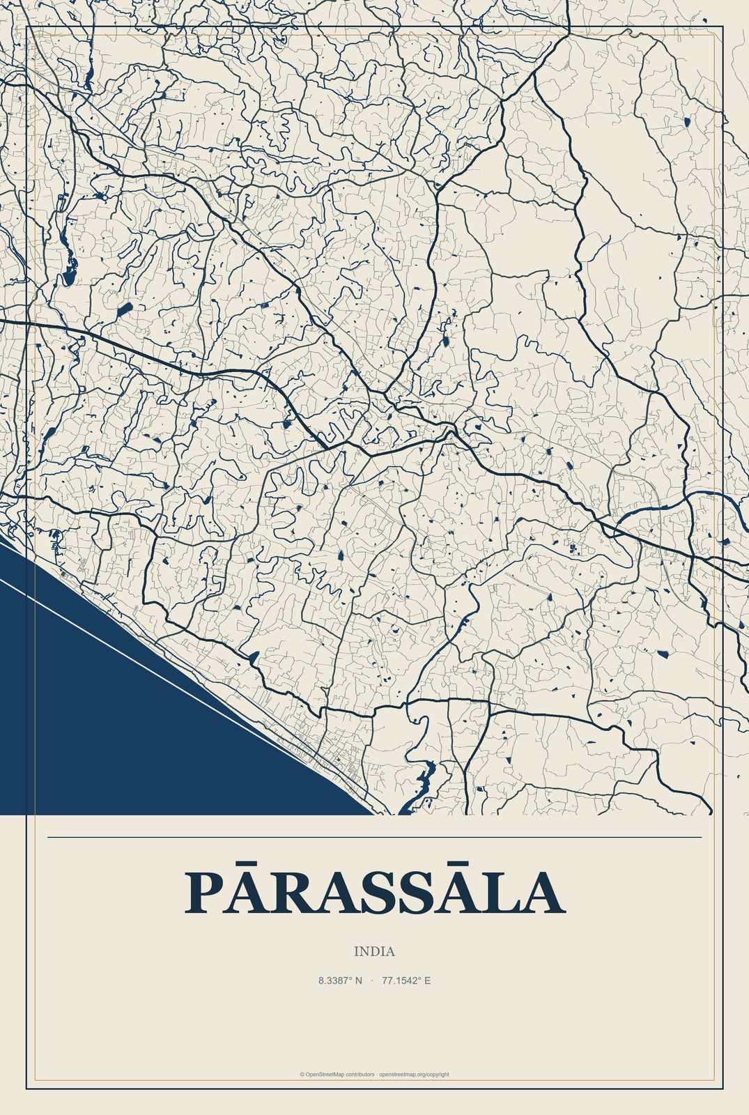 Pārassāla, India City Map Aluminum Sign in Coastal Cutout style