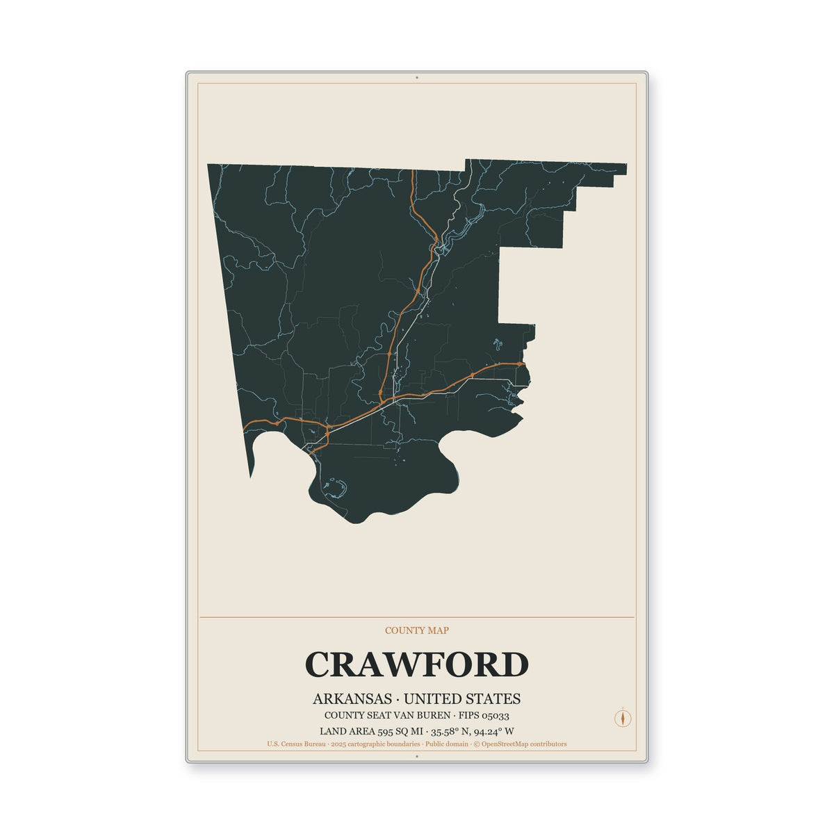 Crawford County, Arkansas Map Aluminum Sign in Headline Atlas style