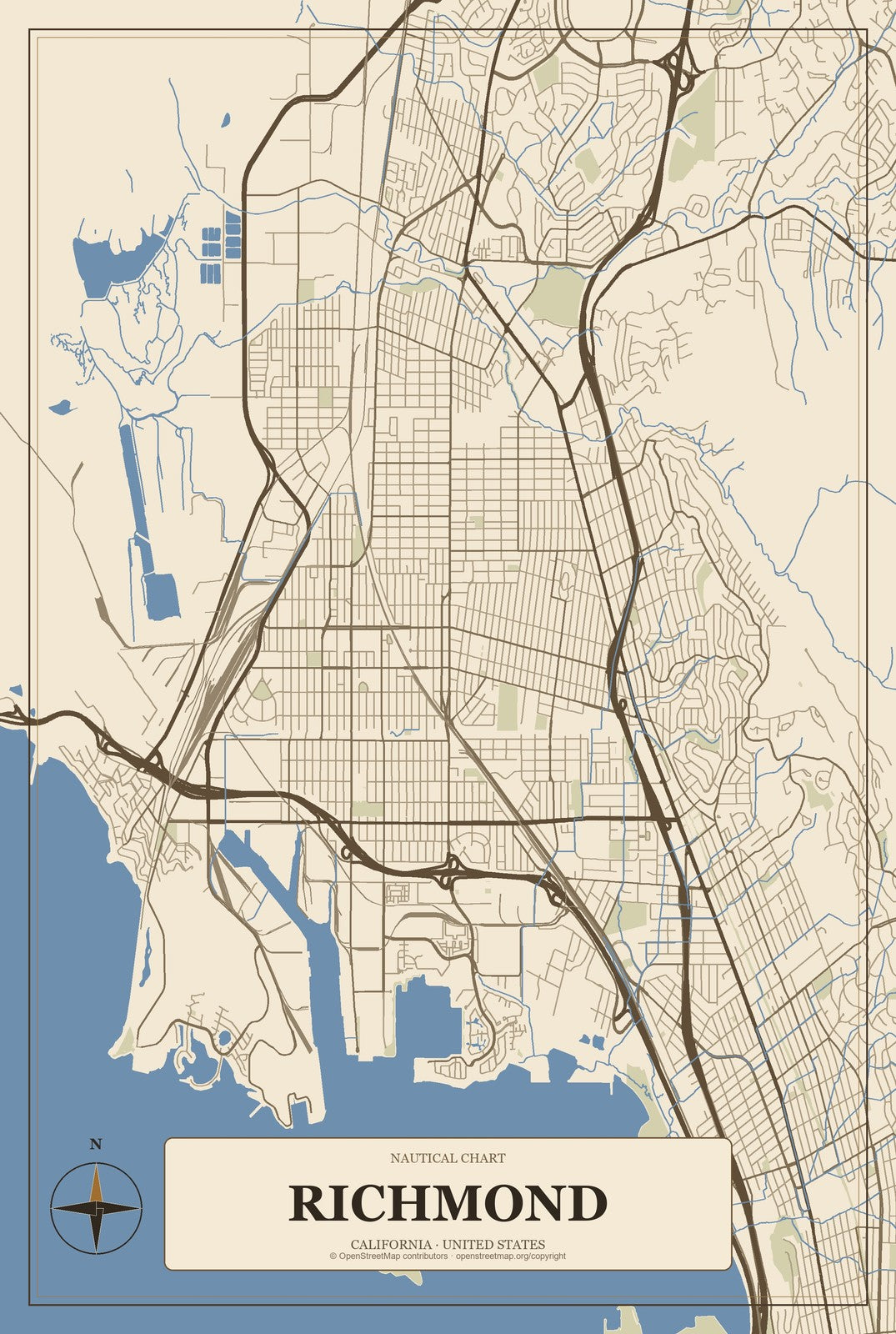 Richmond, California City Map Aluminum Sign in Heritage Nautical style