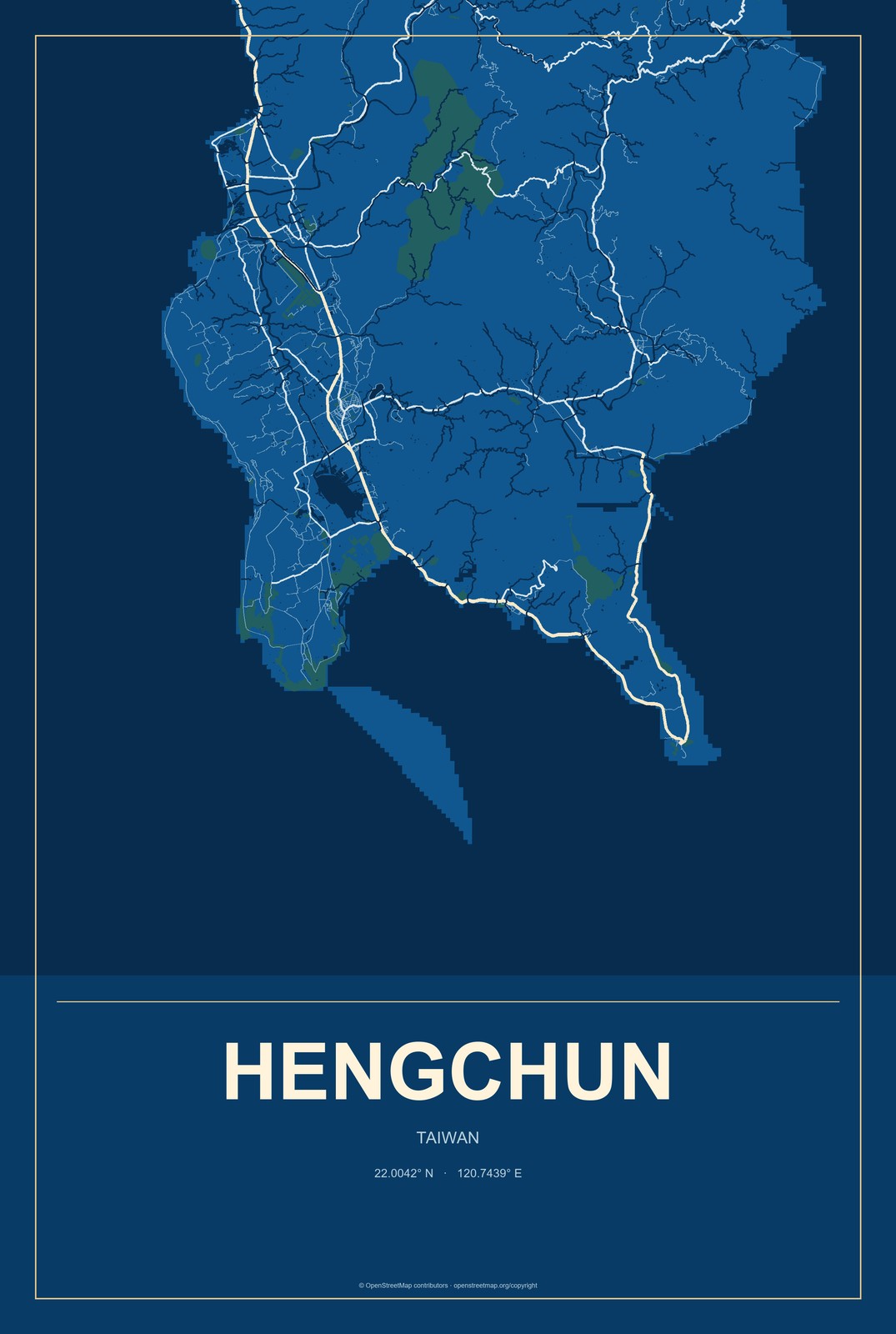 Hengchun, Taiwan City Map Aluminum Sign in Harbor Cobalt style